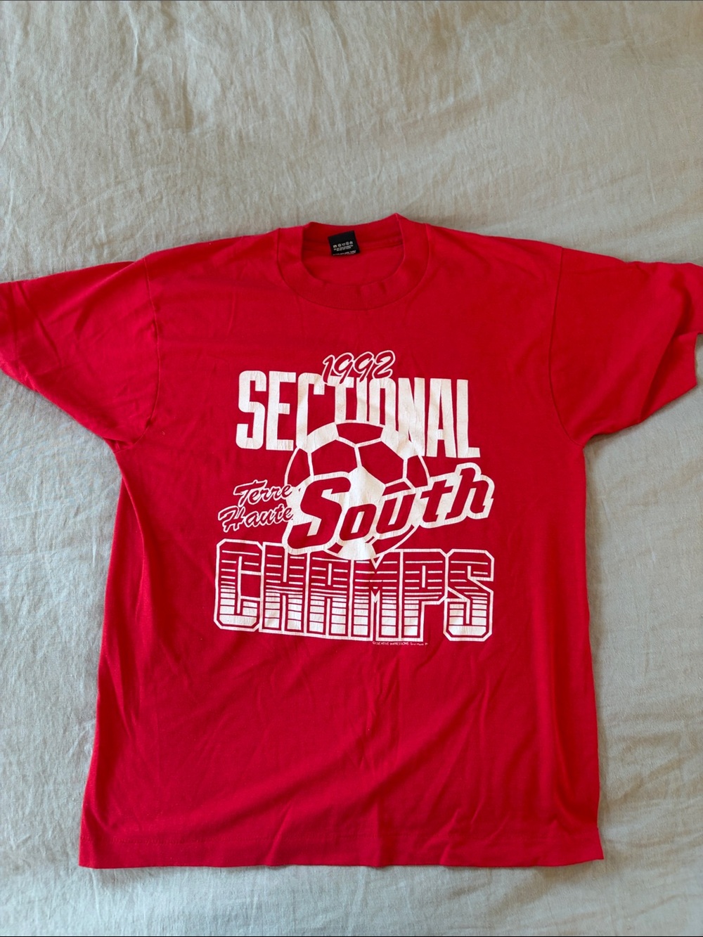 Vintage 90s Screen Stars Red Soccer Champs Tee Shirt + Terre Haute, Indiana
